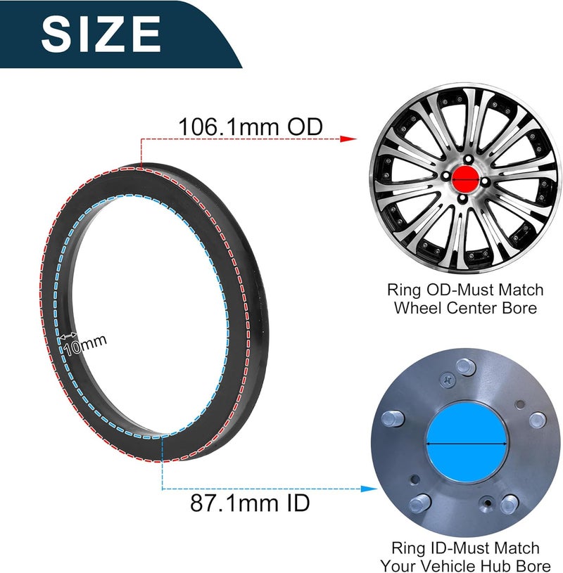 TUCKBOLD Car Wheel Hub Centric Rings Durable Wheels Center Shaft Shock Absorbing Hubrings Black 2 Pcs OD 106.1mm to ID 87.1 mm Polycarbonate - Image 3